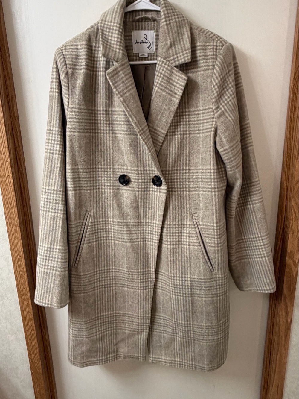 Sam Edelman Beige Plaid Double-Breasted Pea Coat